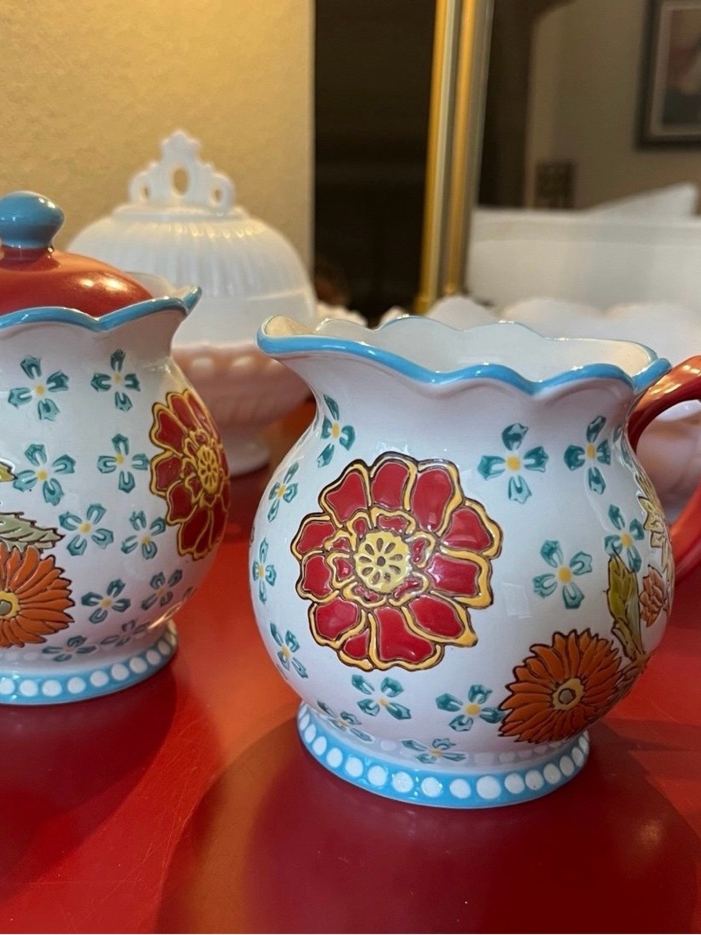Anthropologie DUTCH WAX Hand-Painted Floral Ceramic Creamer and Sugar SET